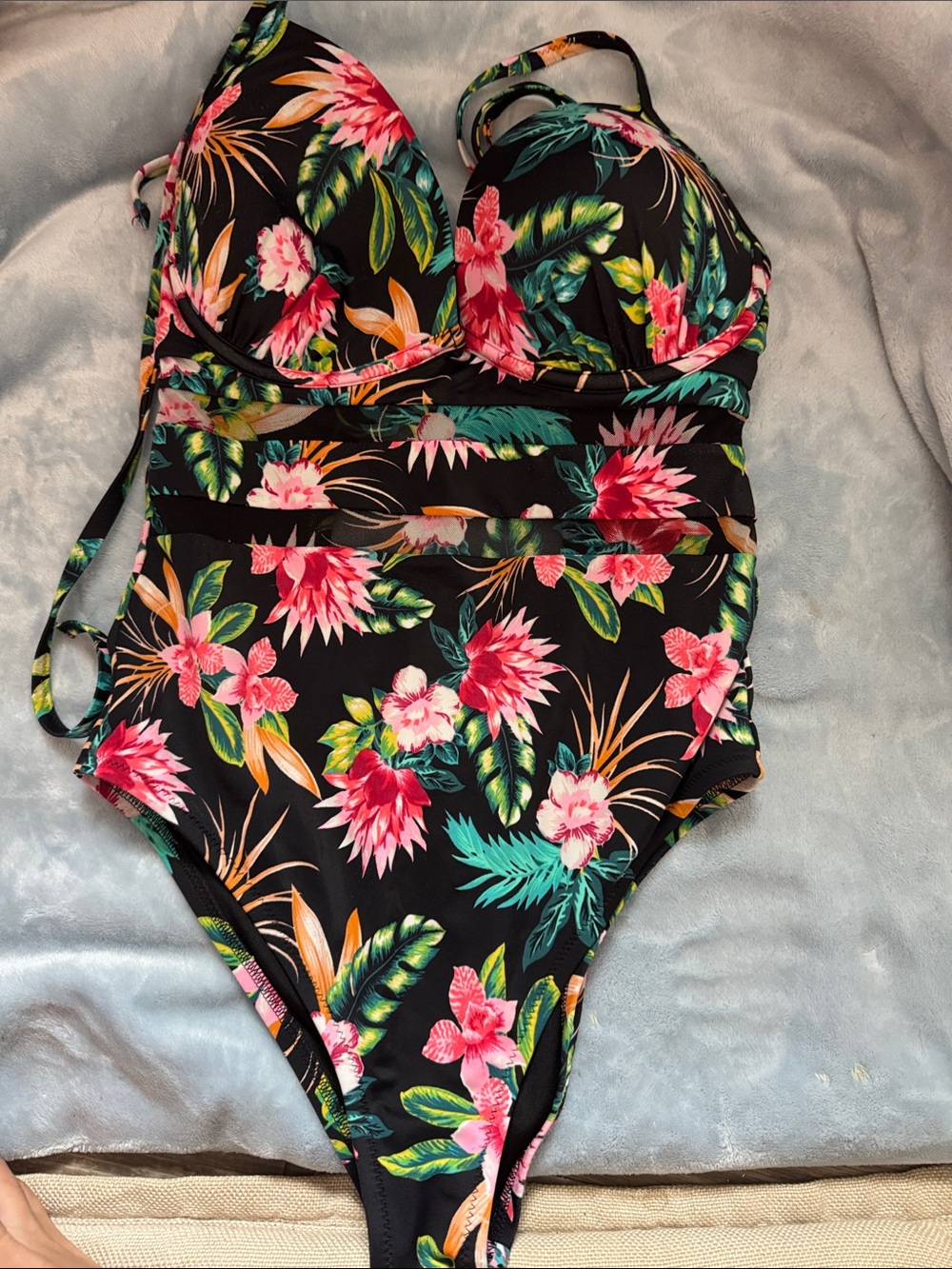 Shade & Shore Black One-Piece Swimsuit with Pink & Green Floral Print